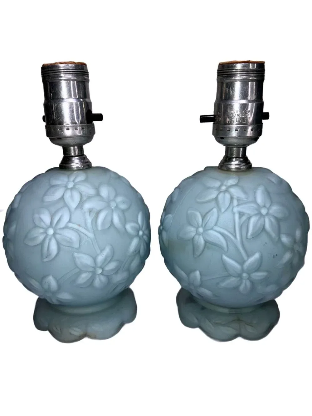 2 Vintage Satin Blue Glass Floral Globe Table Lamp Frosted Cottage Shabby Chic